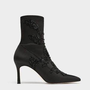Zara Basics Black Satin Beaded Booties Boots